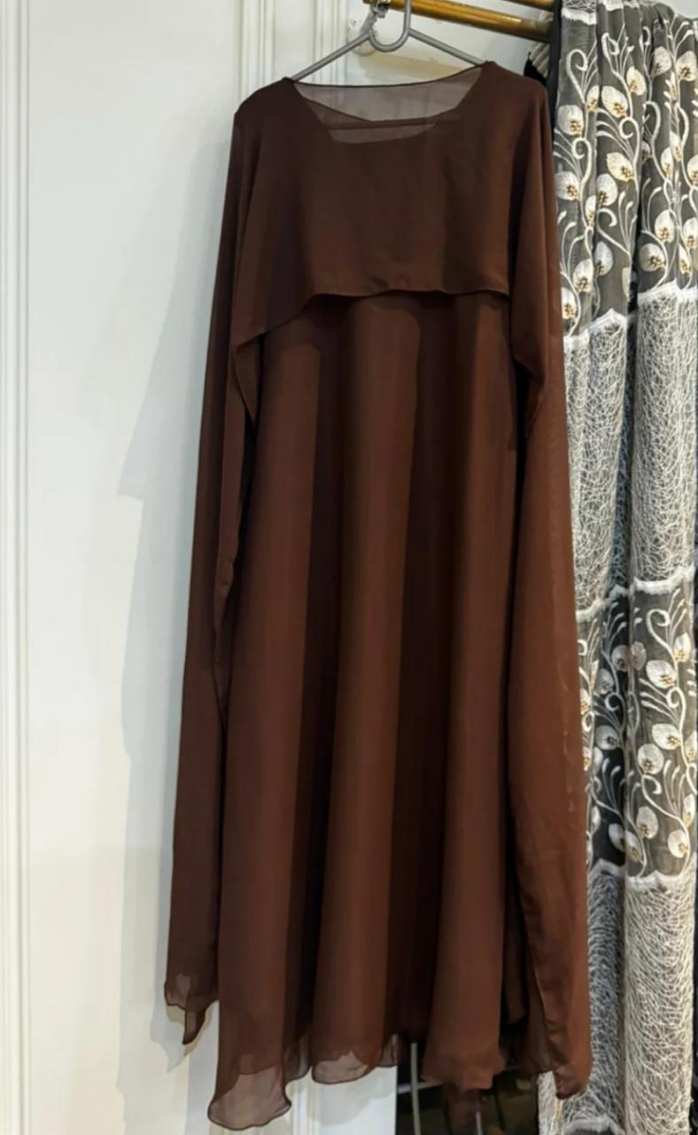 Chocolate Brown Georgette Maxi Dress with Flowy Cape Overlay