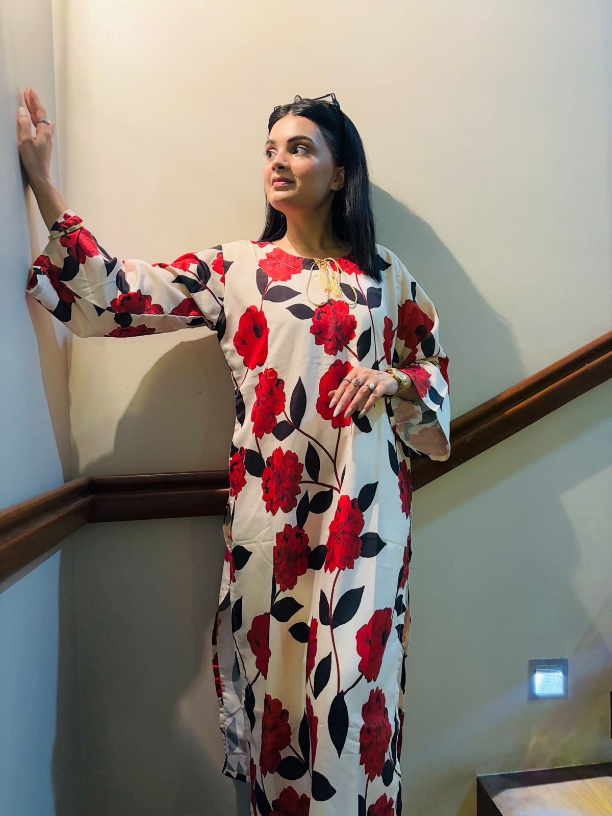 Cream Floral Printed Lawn Kurti with Red Roses & Balloon Sleeves