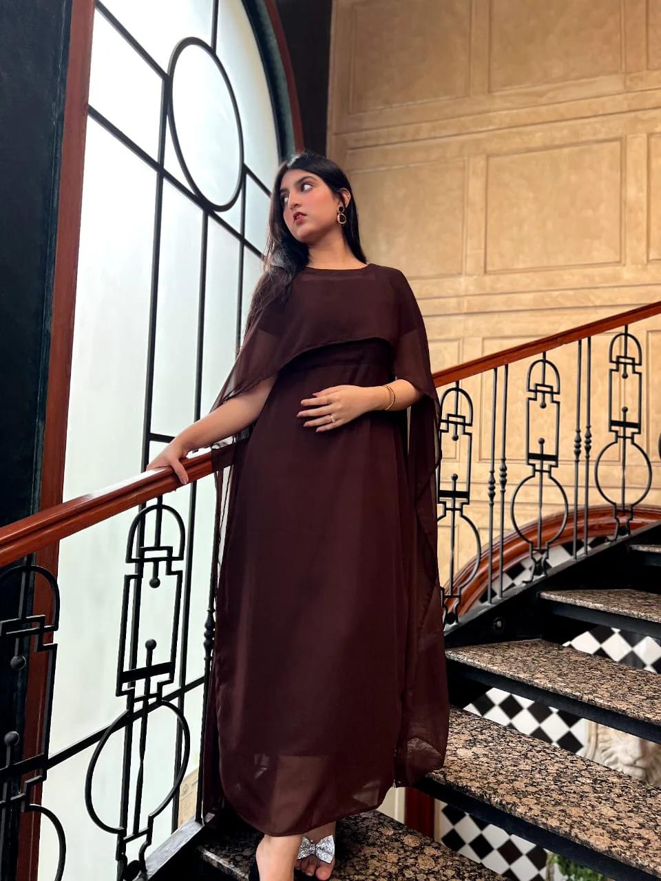 Elegant Chocolate Brown Georgette Maxi Dress