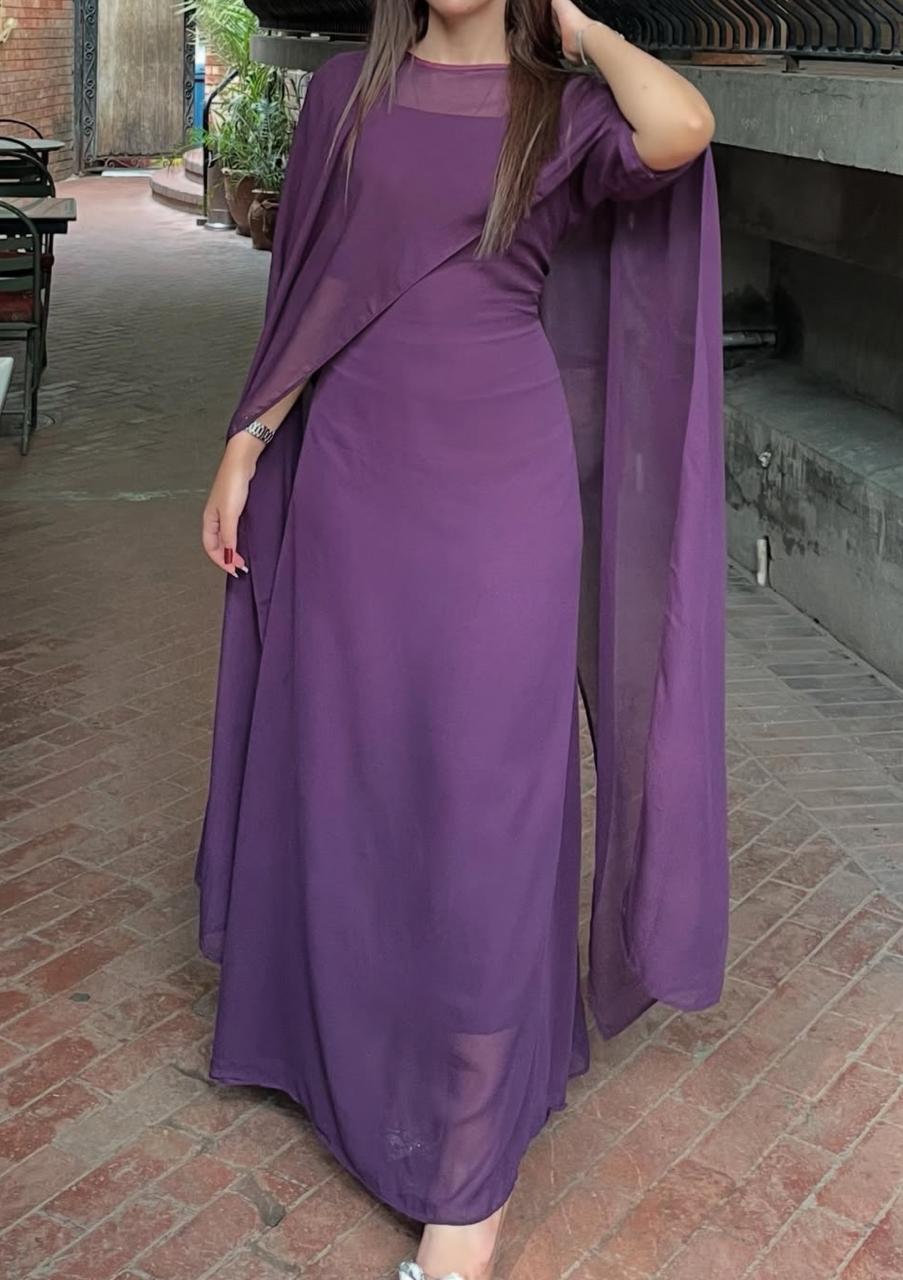 Plum Purple Georgette Maxi Dress with Elegant Cape Overlay