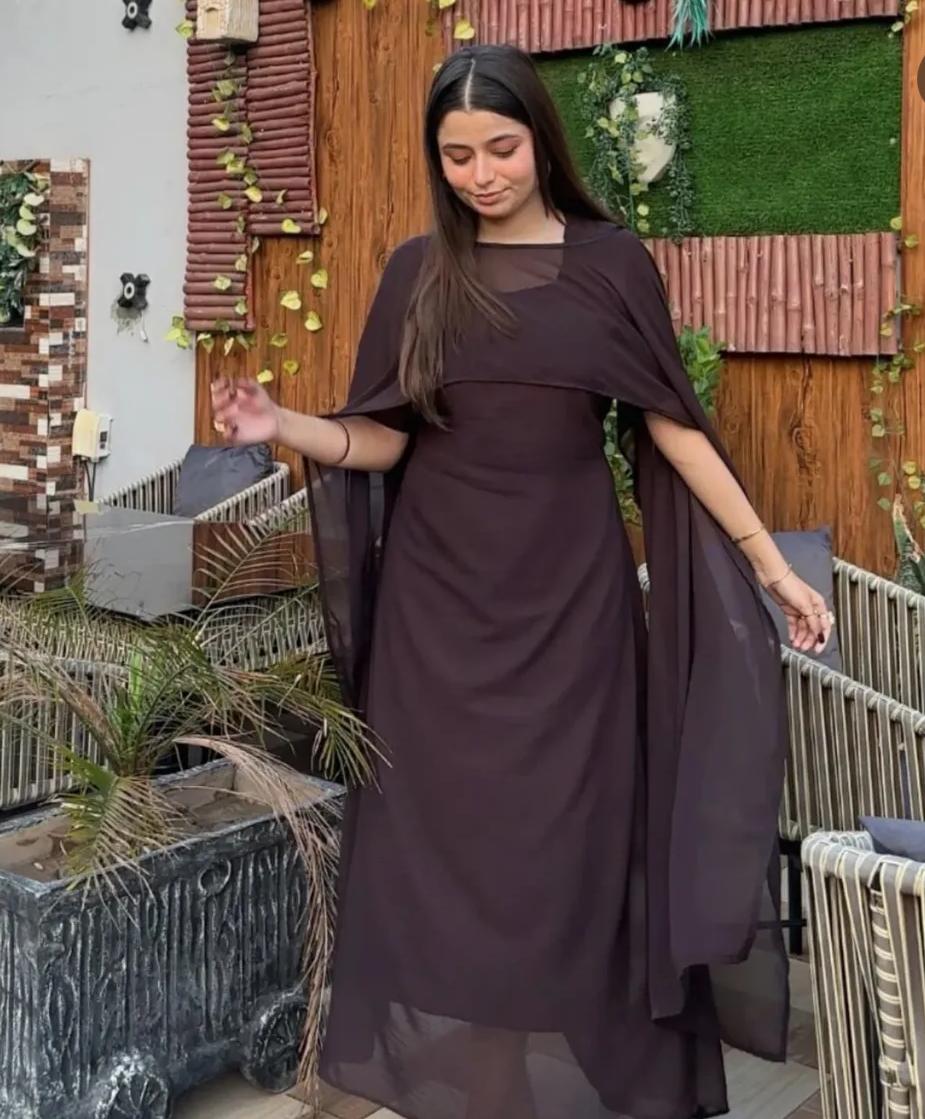 Elegant Dark Chocolate Georgette Maxi Dress with Sheer Cape Sleeves